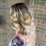 Blonde Balayage with Pastel Pink Accent pieces